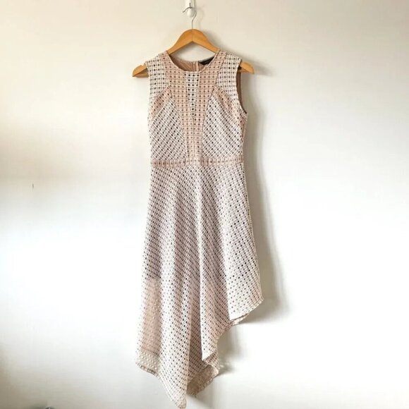 BCBG Max Azria Tracie Asymmetrical Hi Lo Lace Dress Bare Pink Nude Sz Small - Picture 5 of 9